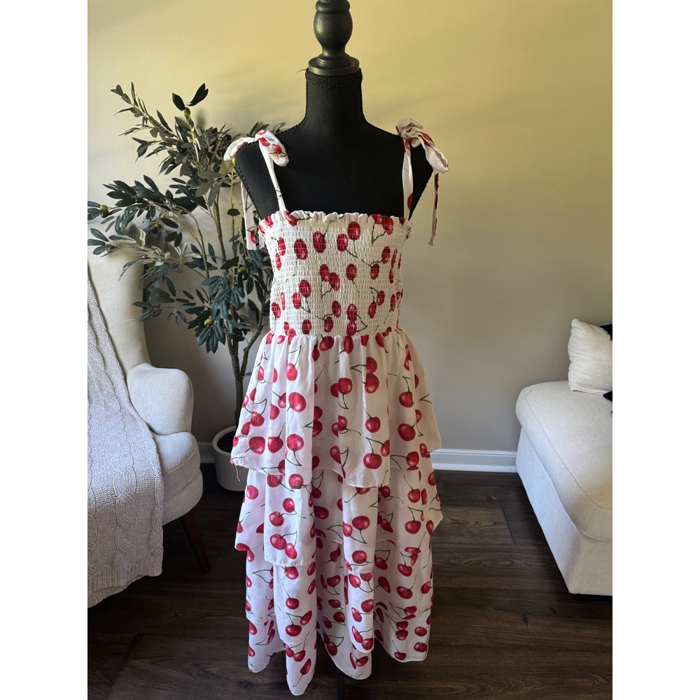 Crystal Doll Cherry Print Smocked Tiered Maxi Dress White Red XL Tie Shoulder